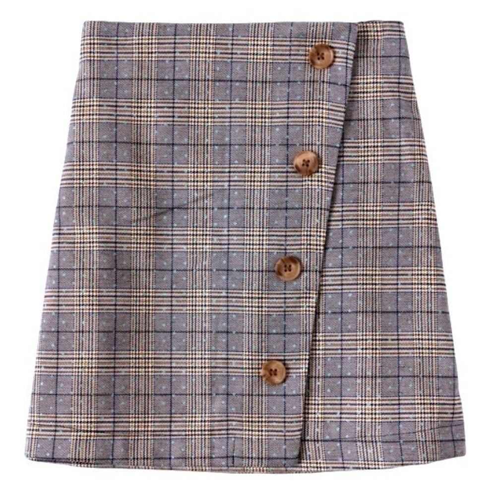 kidpik Plaid Faux Wrap Skirt Girls 7/8 Grey Blue Yellow Glen Check Button Detail